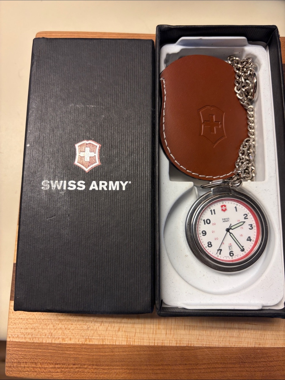 Swiss Army Men's Pocket Watch with Brown Leather Fob and Silver Chain